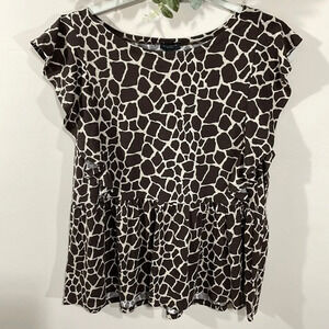 NWT Ann Taylor Factory Giraffe Animal Print Ruffled Cap Sleeve Peplum Top M